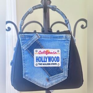 Upcycled Black satin and denim front Bow Handbag with crossbody silver chain